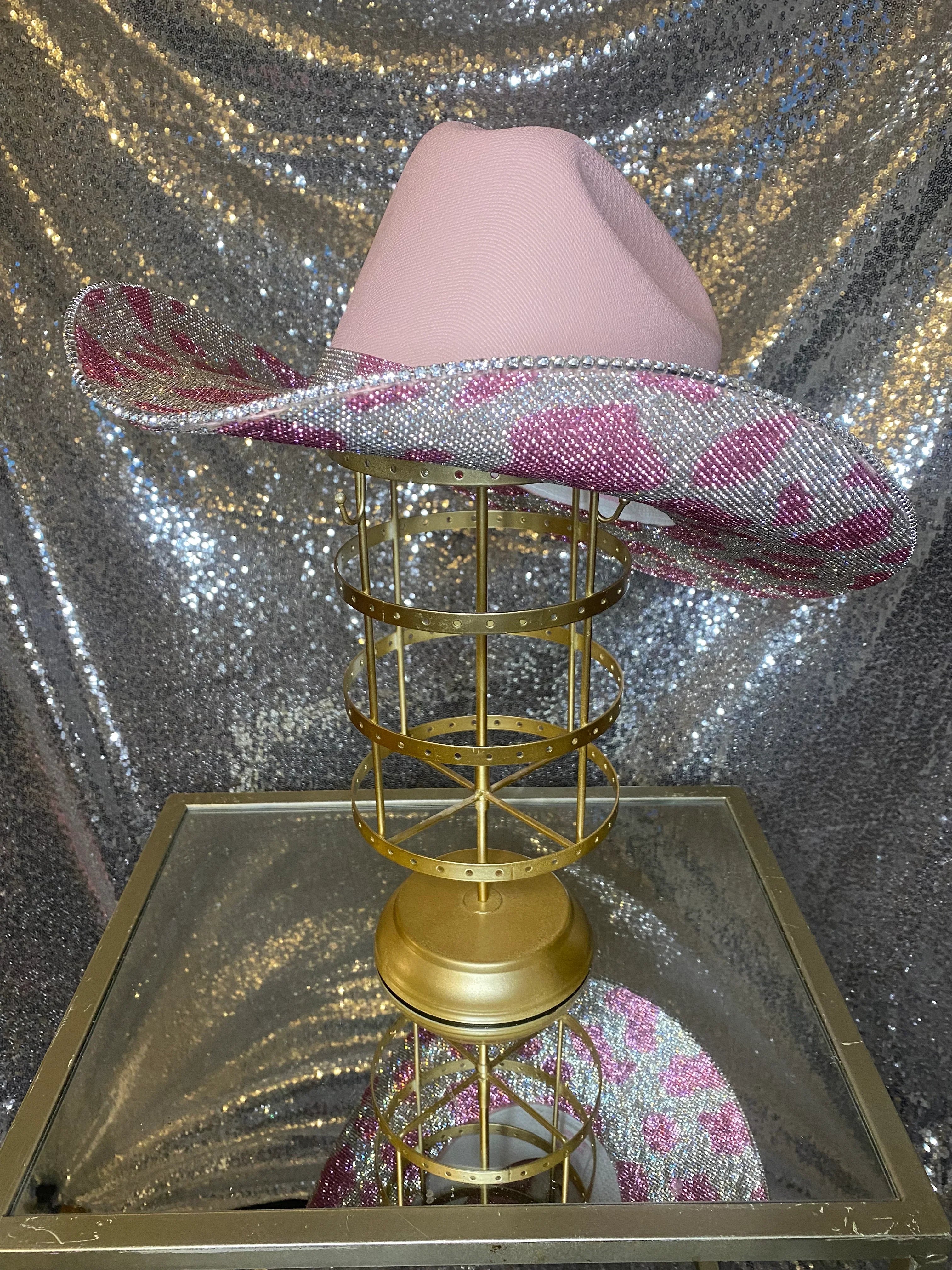 Pink hat with both brims rhinestoned