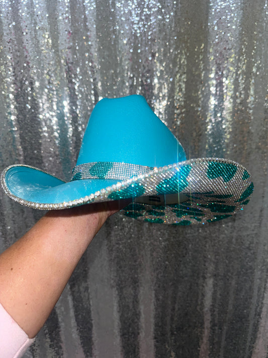 Kids Turquoise Blue Hat w/ turquoise cow print