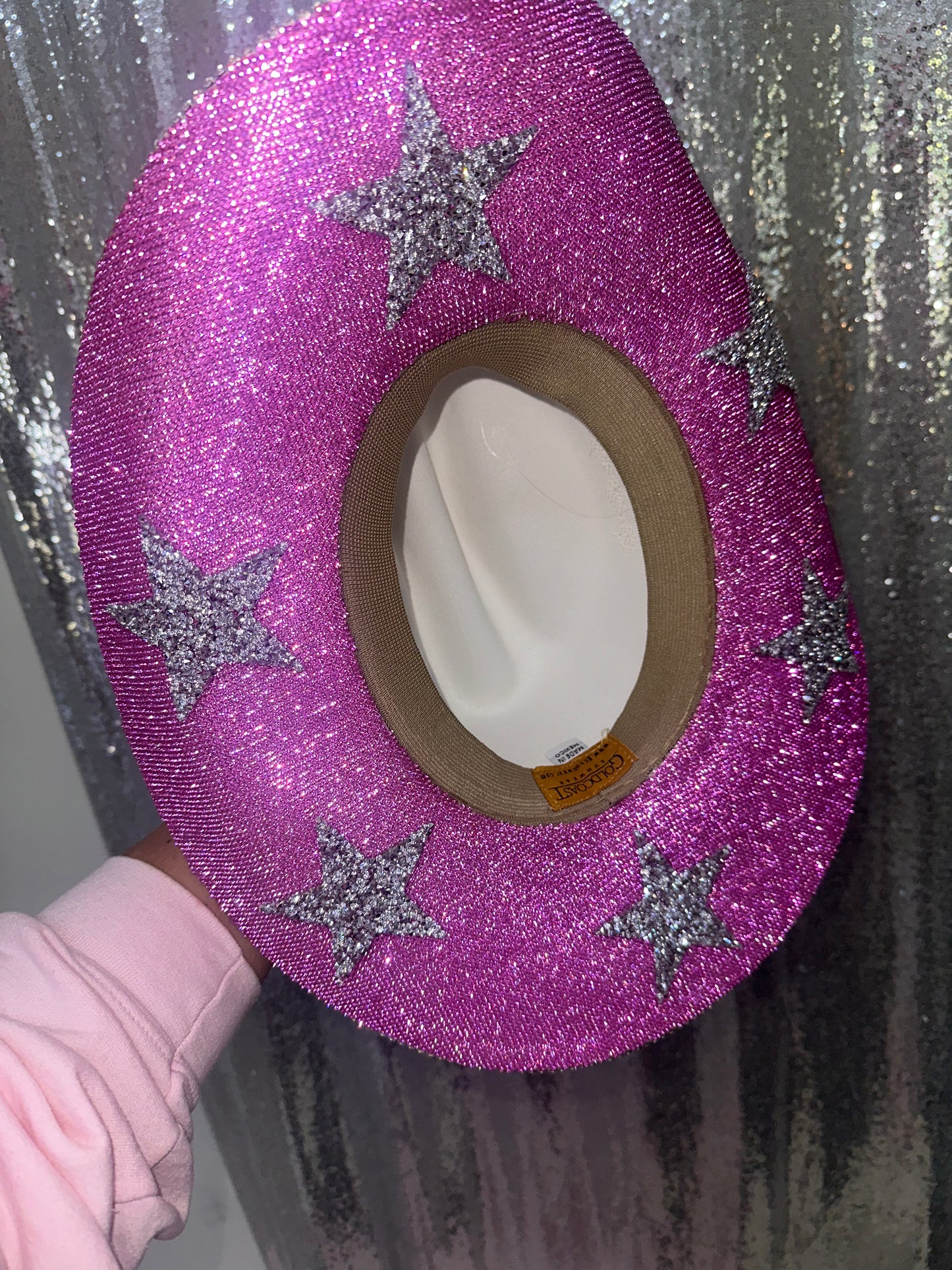 White Hat w/ Pink Rhinestones & Stars (Underneath brim only)