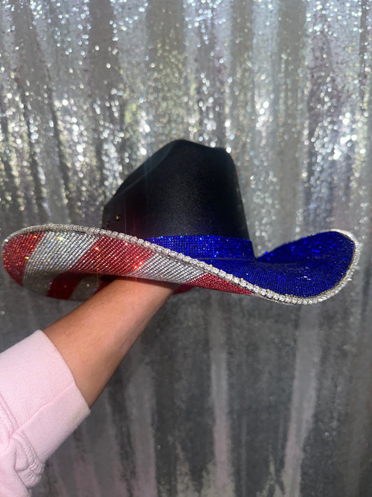 Black Round Hat & American Flag w/ Blue on Top Flag