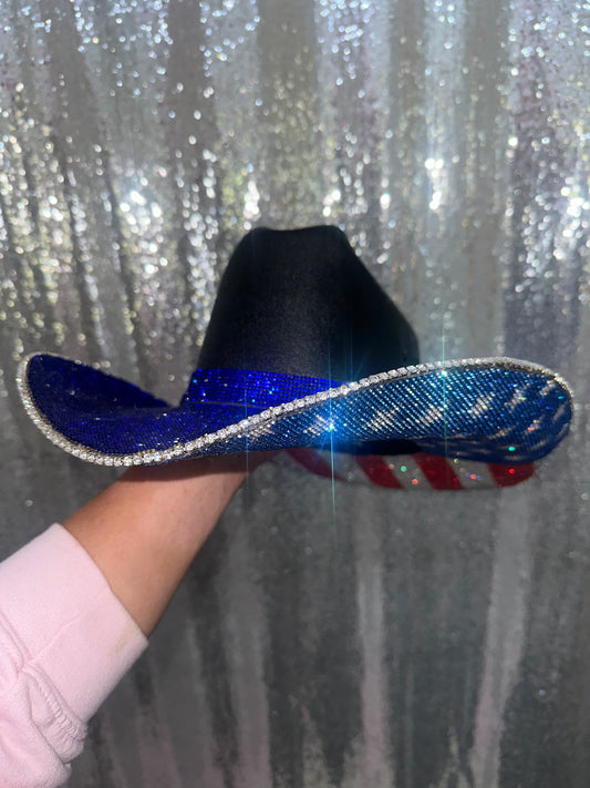 Black Round Hat & American Flag w/ Blue on Top Flag