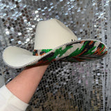 Green camo print and sand straw hat
