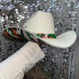 Green camo print and sand straw hat