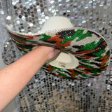 Green camo print and sand straw hat