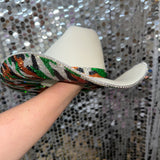 Green camo print and sand straw hat