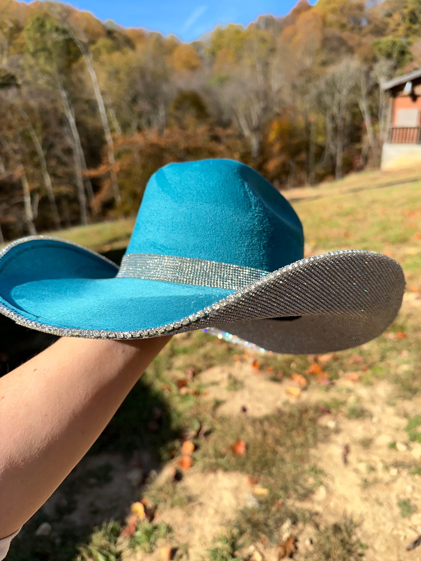 Teal Suede Hat & Crystal Rhinestones