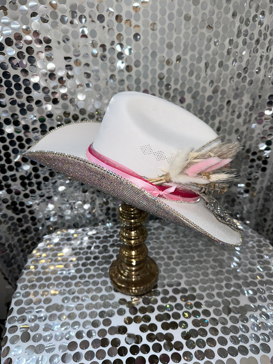 White & ab flower and bow applique hat