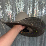 Mocha square shaped straw hat w/ black diamond rhinestones