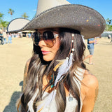 Mocha square shaped straw hat w/ black diamond rhinestones