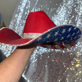 STAGECOACH SALE: Red American Hat Makers straw w/ American Flag