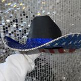 The "America" Hat in Black - Blue Rhinestones on Top