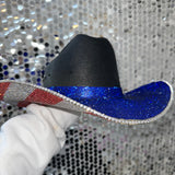 The "America" Hat in Black - Blue Rhinestones on Top