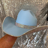 SUMMER SALE: AMERICAN HAT MAKERS LIGHT BLUE STRAW HAT W/ AB RHINESTONES