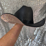 SUMMER SALE: BLACK STRAW HAT W/ CHAMPAGNE RHINESTONES