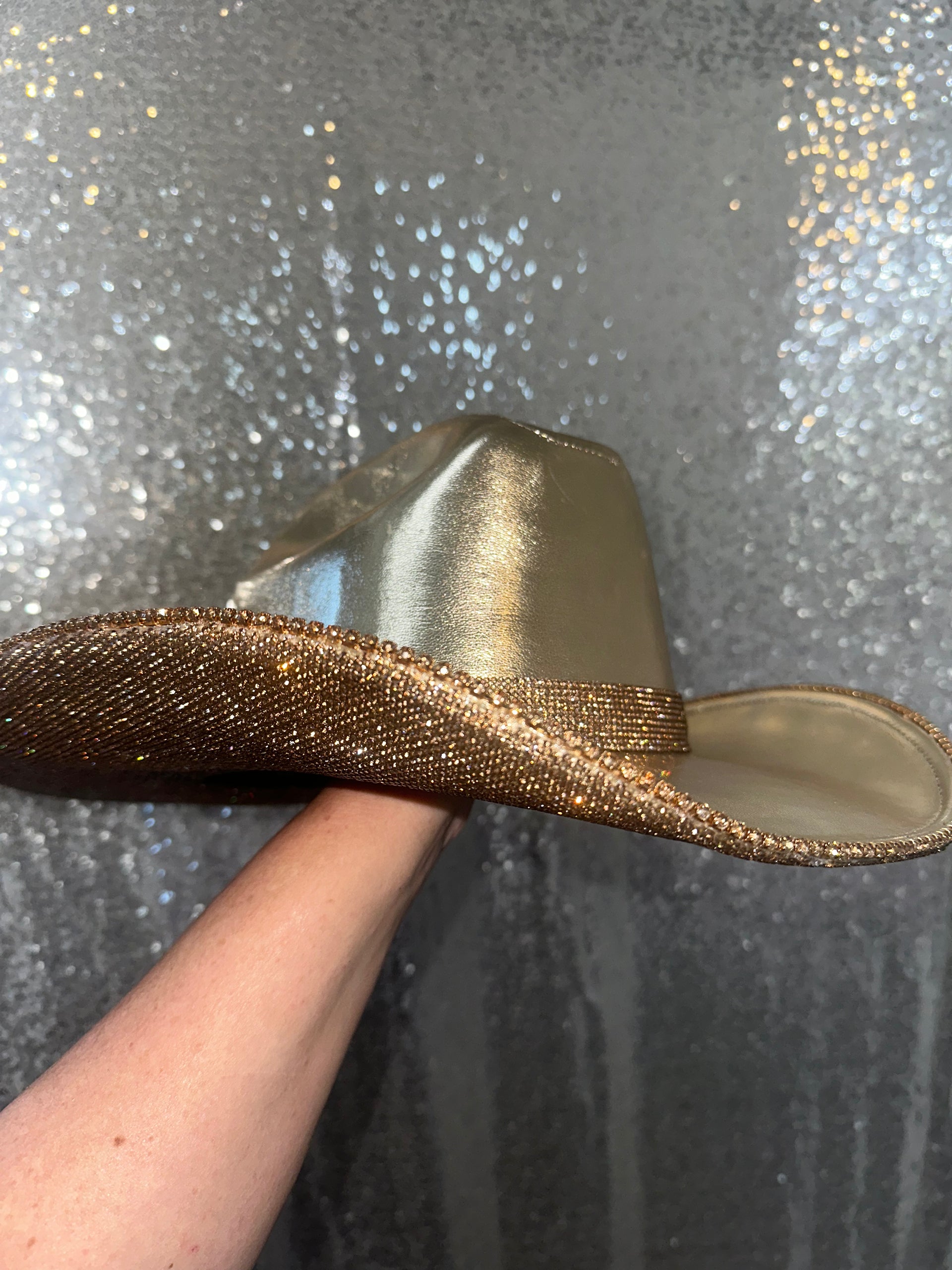 Chic Women\'s Gold Hat with Rhinestone Accent Black and Gold rhinestone fringe cowboy hat – LosAngelesCowgirl main image 2