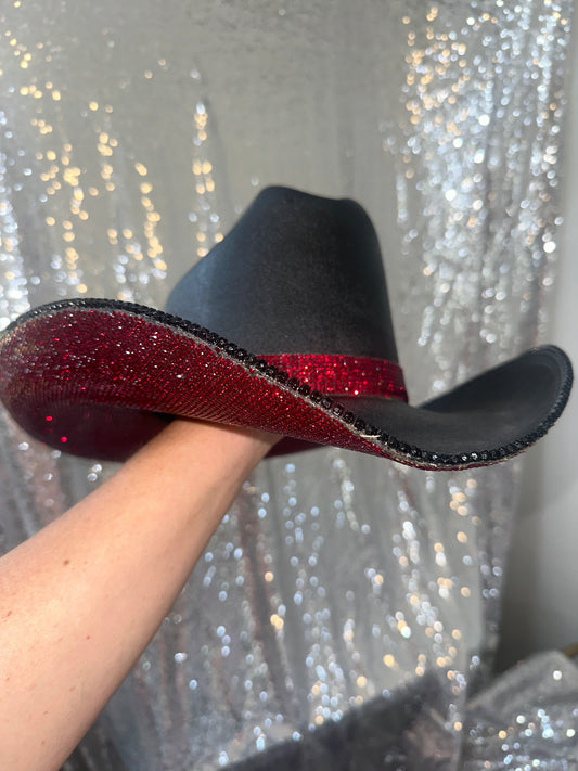 FLASH SALE: Black round hat with maroon rhinestones