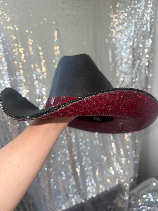 FLASH SALE: Black round hat with maroon rhinestones