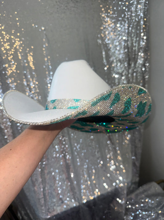 FLASH SALE: White hat with Turqouise Cow Print