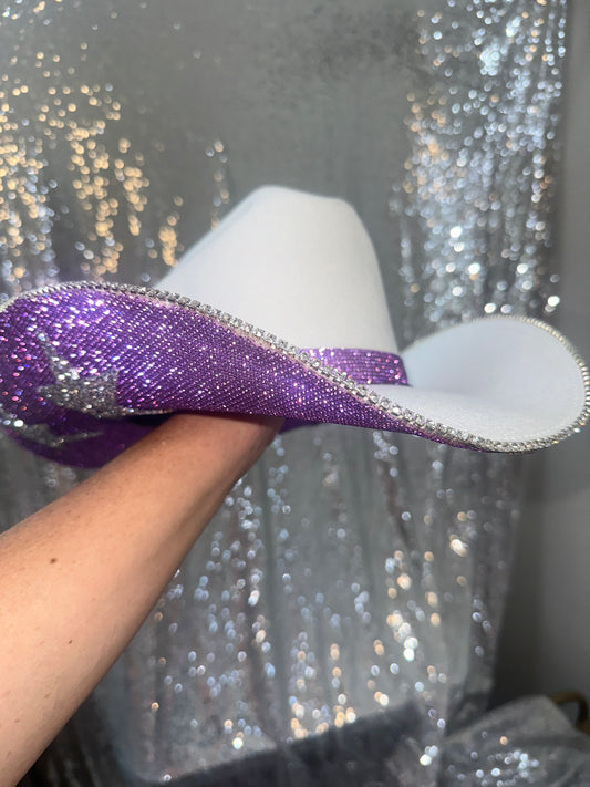 FLASH SALE: White hat with purple rhinestones and silver big stars