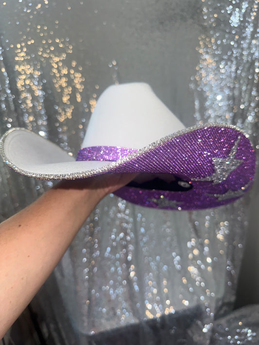 FLASH SALE: White hat with purple rhinestones and silver big stars