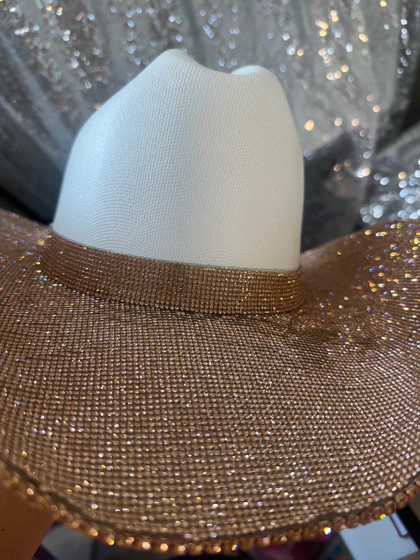 FLASH SALE: DEFECTIVE White hat with champagne rhinestones both brims