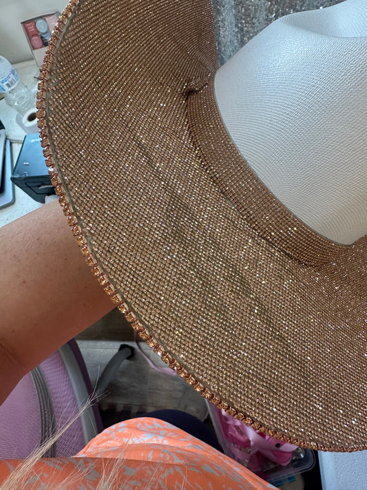 FLASH SALE: DEFECTIVE White hat with champagne rhinestones both brims