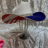 FALL FLASH SALE: Medium White Straw w/ American Flag rhinestones & blue on top