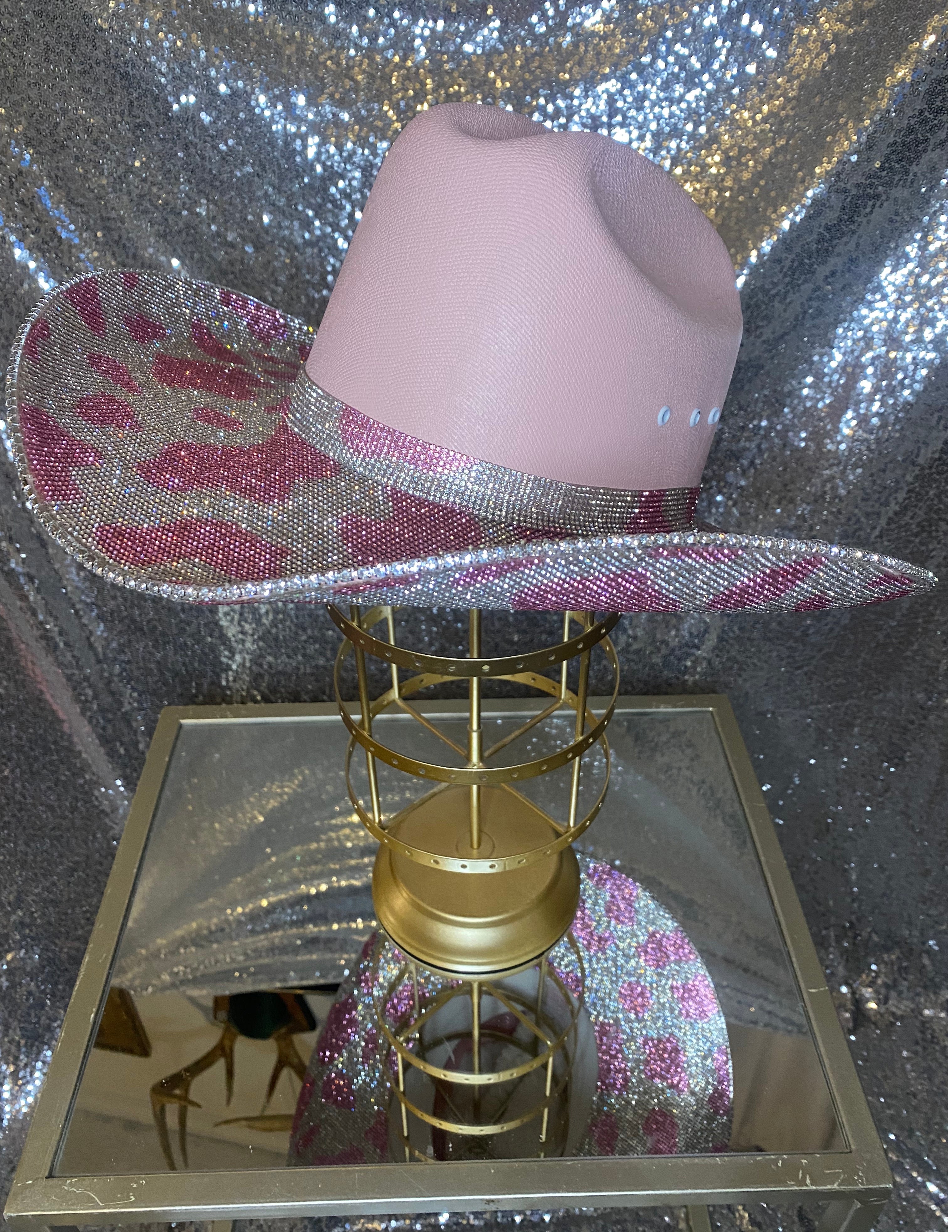 Pink hat with both brims rhinestoned