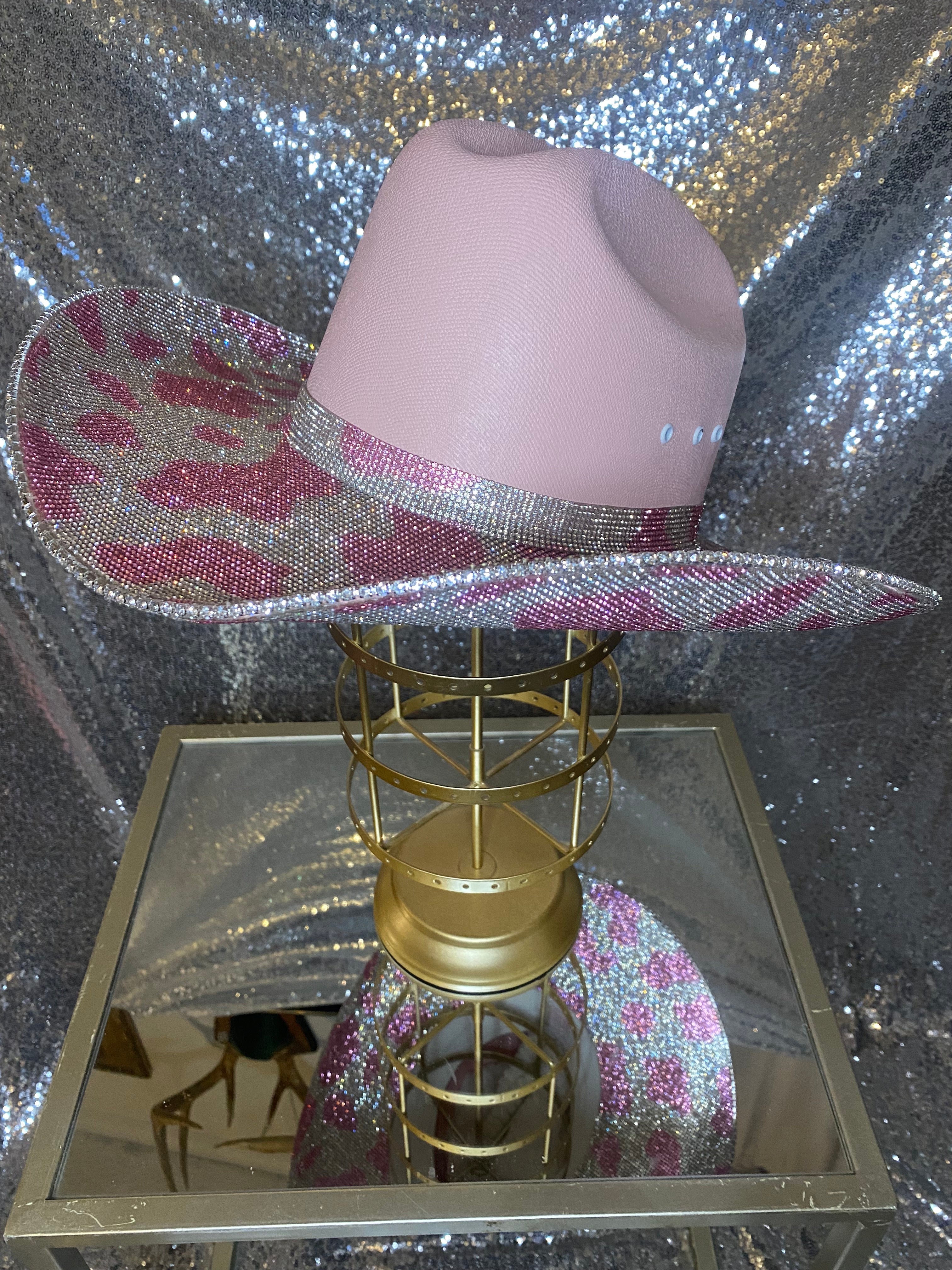 Pink hat with both brims rhinestoned