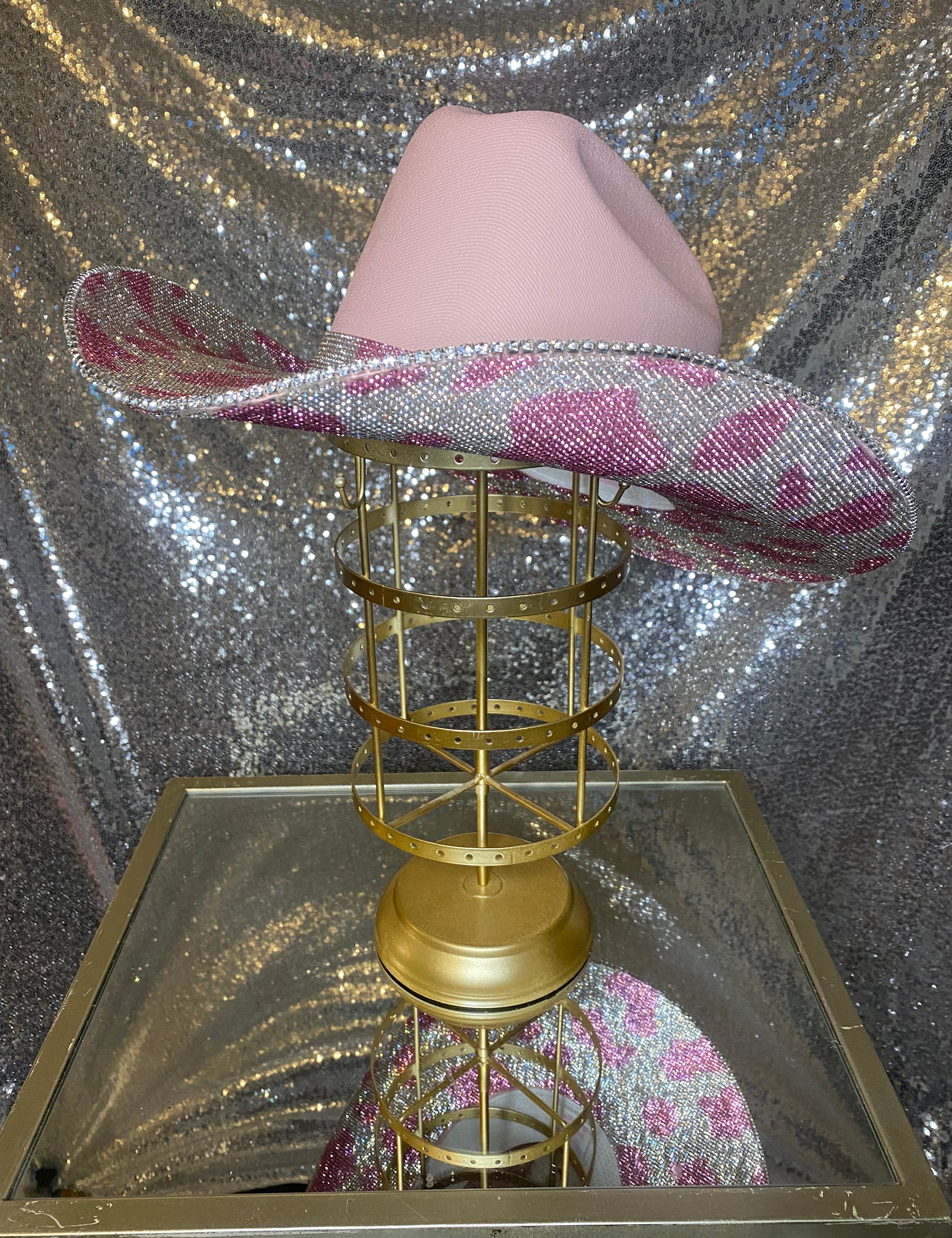 Pink hat with both brims rhinestoned