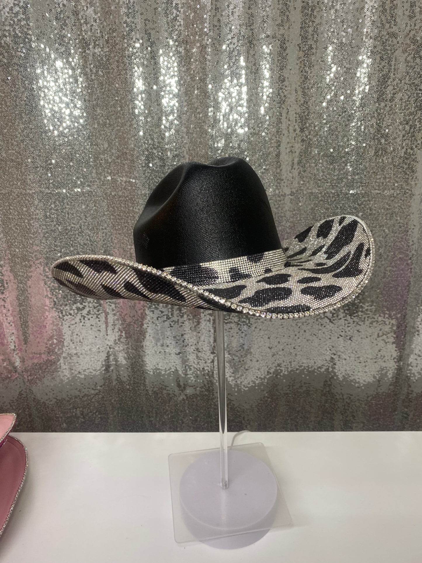 Black & Crystal Cow Print on Black Hat