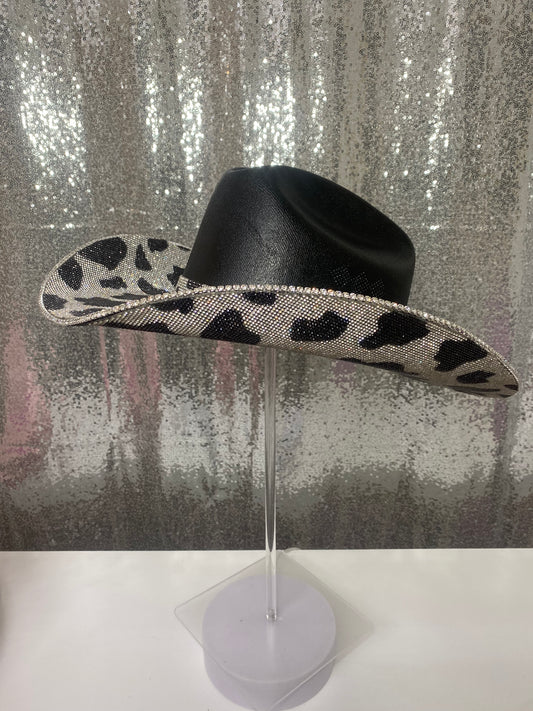 Black & Crystal Cow Print on Black Hat